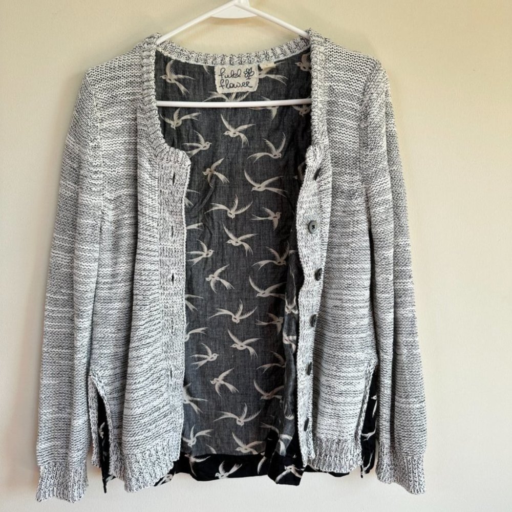 Anthropologie Field Flower Shirting Bird Print Cardigan Sweater Button Down L